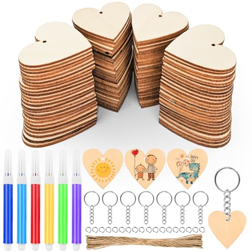 Hengxinchen 100 Stück Schlüsselanhänger Basteln Holz 4 cm Holzherzen mit Loch,Schlüsselanhänger Holz,Holzanhänger Herz für Pyrografie,Malerei und Hängende Dekorationen