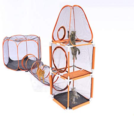 3-Levels Katzenturm, Hexagonzelt und Tunnel, tragbare Laufgitter Spielzelte für Katzen, Kaninchen, Frettchen und kleine Tiere