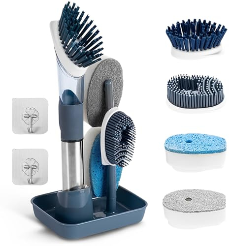 Svitzoot Cepillo de Limpieza 4 en 1 con Dispensador de Jabon Reemplazable Cepillo de Cocina Cepillo Fregar Platos Cepillos Limpieza Hogar para Lavar Plato Fregadero (Azul)