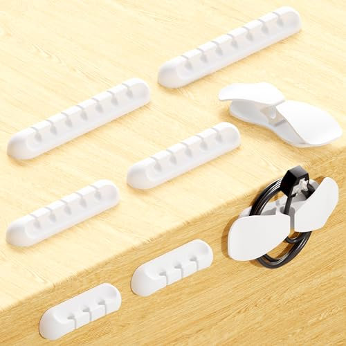 USB Cable and Appliance Cord Clips, 8 Packs White Self Adhesive Desk Cord Kitchen Cable Organizer Cable Management, Wire Holder, Cord Holder