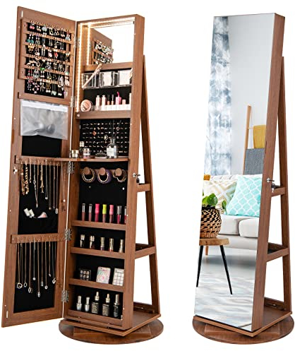 COSTWAY Schmuckschrank mit LED, Spiegelschrank 360° drehbar, mit rahmenlosem Ganzkörperspiegel, Schmuck-Organizer abschließbar, Schmuckaufbewahrung (Braun)