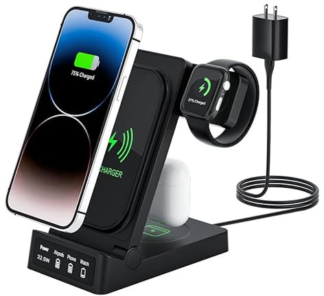 TechFlow Foldable 3 in 1 Wireless Charger, Fast Wireless Charger for iPhone15/14/13/12/11/Pro Max/X/XS/XR/8 Plus, Apple Watch 9/8/7/SE/6/5/4, Air Pods 3/Pro/2 (Black) 15W + 5W + 3W