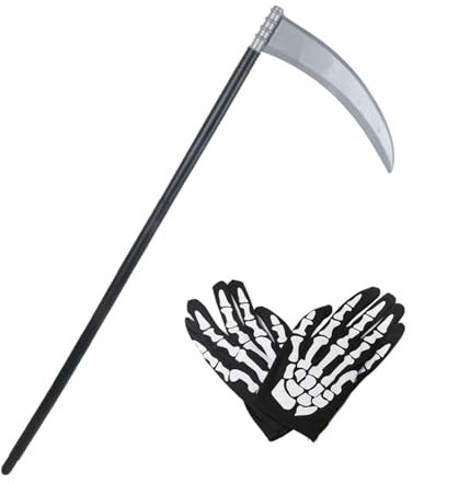 HAICN 2Pieces Grim Reaper Costume Set Grim Reaper's Scythe and Skeleton Gloves Halloween Sickle Weapon Prop for Family Party Halloween Party Masquerade