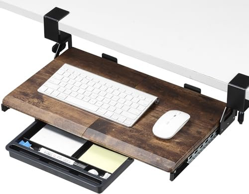 ETHU Petit plateau de clavier extensible sous le bureau pour clavier et souris avec pince en C, 500 mm (606 mm avec pinces) x 300 mm, tiroir d'ordinateur extensible robuste pour la saisie de noyer