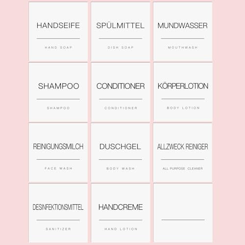 KSIWRE Pack of 12 Waterproof Labels for Bottles, Minimalist Soap Dispenser Labels, Bathroom Labels for Hand Soap Shampoo Conditioner Shower Gel (White)