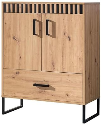 MINIO go for it - Kommode mit Schublade Melle, Highboard, 80x102x40 cm, 2 Türen und Einlegeboden, Metallfüße, Metallgriffe, Kommoden & Sideboards, mit oder ohne Lamellen - Artisan Eiche/Schwarz Matt