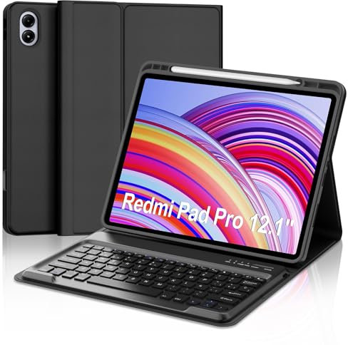 Funda con Teclado para Redmi Pad Pro/Xiaomi Poco Pad 12.1, Teclado Bluetooth Inalámbrico Desmontable con Funda Protectora Delgada para Tablet Xiaomi Redmi Pad Pro/Poco Pad 12.1 Pulgadas, Negro