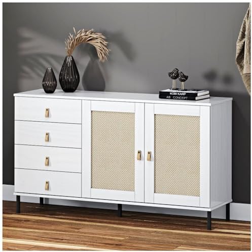 Lomadox Sideboard breit in Kiefer massiv wei? mit Rattaneinsatz Wohnzimmer Schlafzimmer Boho-Chic