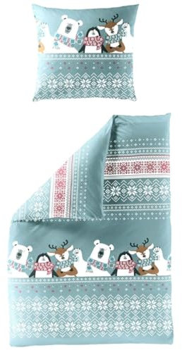 JACK by Bierbaum Biber Bettwäsche 2 TLG. 135x200cm Pinguin Eisbär Eisscholle Rentier Blau Weiß Rot