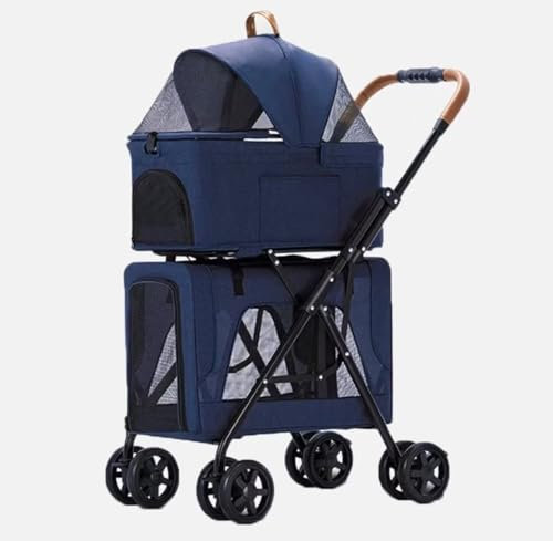 Abnehmbare Haustier-Trolley-Kinderwagen, Haustier- Doppelter separater Kabinenkorb for Hund und Katze, kleiner und mittelgroßer Haustierwagen, zusammenklappbarer Hundekinderwagen mit verstellbarer Mar