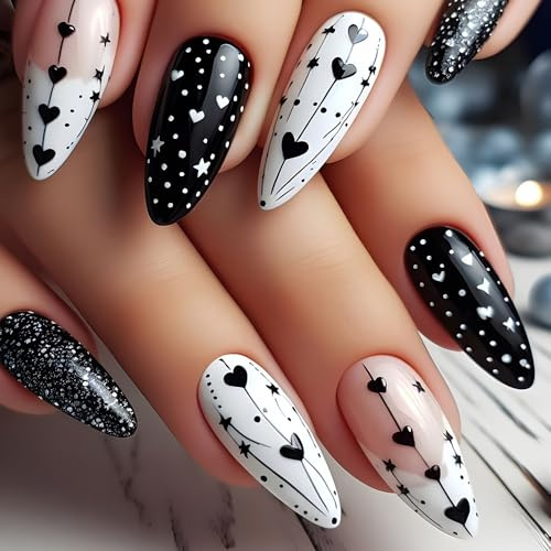 TIZYFF Lot de 24 faux ongles press on nails - Noir et blanc - Pour femme et fille