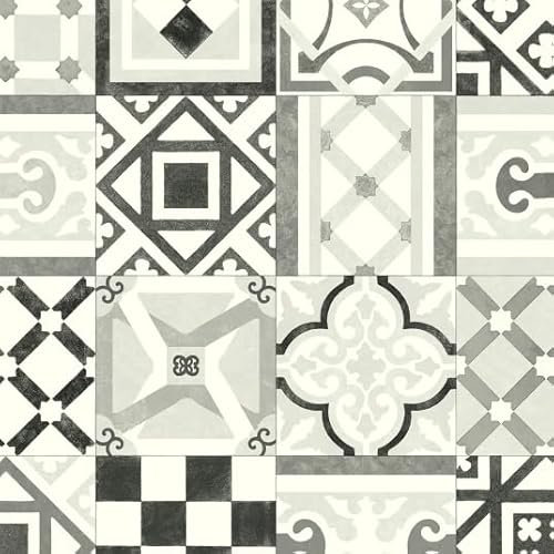 Sol Vinyle Style - Carreaux de Ciment Effet Vieilli - Noir et Blanc - Rouleau de 2m x 5m