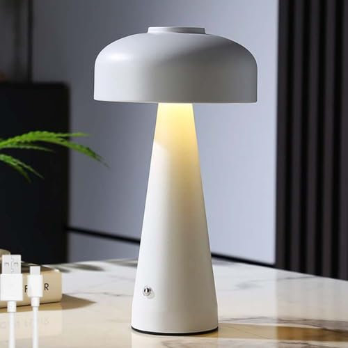 LOGT Pilz Tischlampe Dimmbar USB Aufladbare Tischleuchte Touch Schalter Pilzlampen Kabellos Akku Nachtlicht 3 Helligkeitsmodi Mushroom Nachttischlampe Innen und Außen Tragbar Lampe,Weiß