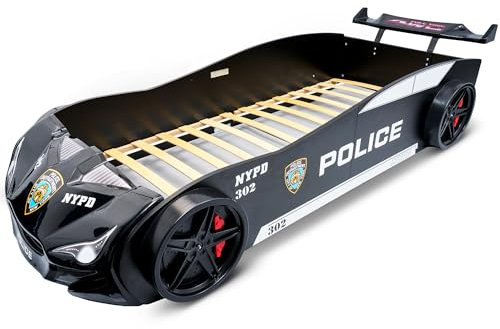 MARQA Kinderbett |Bodenbett | Kinderbett 90x200 |Autobett Rennwagenbett |Polizeiautobett inkl.Rollrost (ohne Matratze, Schwarz babybett)