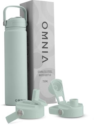 OMNIA Vacuum Insulated Stainless Steel Water Bottle, 2 Lids (Straw & Spout) Leakproof, BPA-Free, Reusable Flask, Hot & Cold Thermos for Sports, Gym, Travel, Outdoors (Cool Green, 750ML)