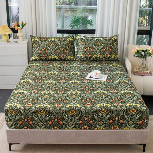 Spannbettlaken 150x200cm Bobo Blumen Muster Bettlaken Olivgrünes Spannbettlaken Weich und Hautfreundlich - Matratzen bis 25cm (Blumenmeer)