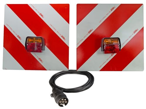 Warntafelsatz mit Leuchten und 7-poligen Anschlusskabel | für Trecker, Traktor, Auto, Wohnwagen, Wohnmobil, KFZ | Warnschild | reflektierend | rot/weiß || Einseitig (Rückseite - 43785)