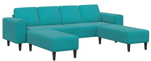 LoogCape Sofa Set Türkis Samt, Modernes Wohnzimmer Couch mit Holzrahmen, 4-Sitzer Sofa, 2 Ottomanen, Bequeme Lounge Möbel für Schlafzimmer, Wohnraum, Klappbar