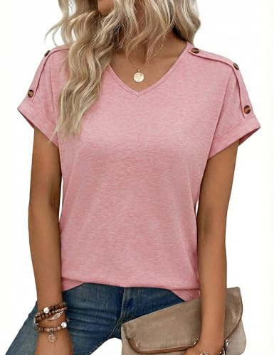 Totatuit T-shirt d'été Manches Courtes Col V Unicolore Haut avec Détails | Boutons, Style Élégant, Tenue Quotidienne, Facile à Associer, Style Polyvalent