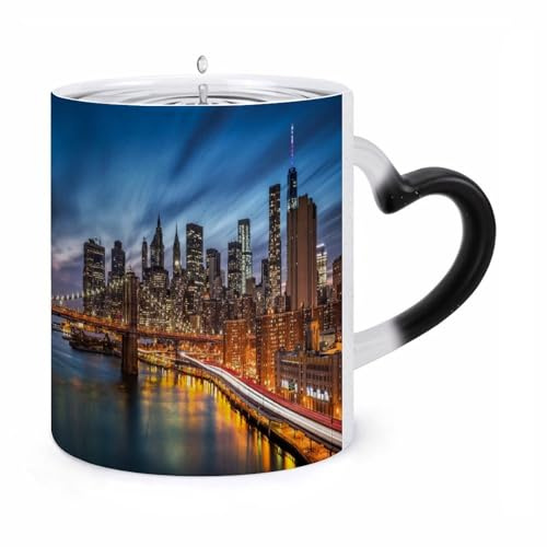 LOKLNEYK New York City Scenery Coffee Cup Color Changing Ceramic Coffee Mug Heart-Shaped Discoloration Mug Novelty Heat Sensitive Cup Funny Coffee Mugs Magic Tea Cup for Birthday Valentine Lover