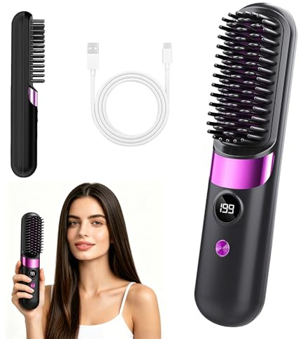 Clinora Kabellose Styling-Bürste, clinora styling bürste, stylingbürste für kurze haare mit LED-Anzeige, 3 Temperaturstufen tragbare, für glattes, lockiges und trockenes Haar (Rosa)