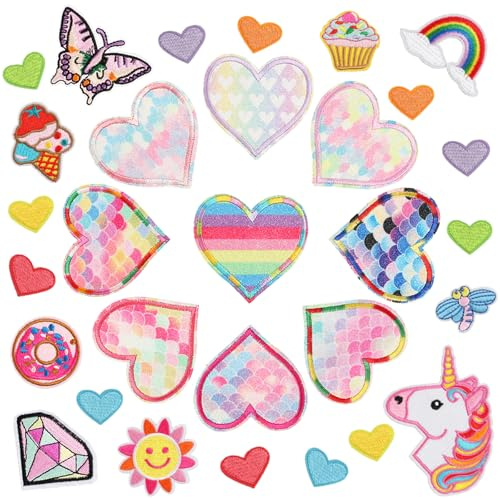 ZOMKIFA Set de 30 Parches Termoadhesivos con Unicornio & Corazones, Parches para Ropa Infantil, Jeans & Mochilas, Adhesivos Textiles Coloridos