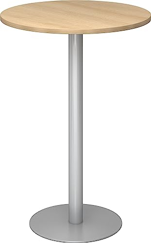 bümö Stehtisch Büro, Bistrotisch rund 80 x 80 cm - Bartisch Eiche, Stehtisch Holz-Platte, Säule aus Metall in Silber, Buffettisch, Säulentisch, Partytisch, Thekentisch, Hochtisch, Barmöbel