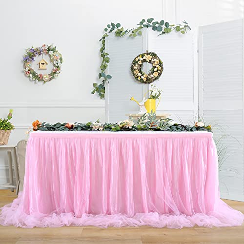 HBBMAGIC gonna da tavolo in tulle rosa baby senza luce, 427 cm, con volant, tutu lavabile per matrimonio, festa, compleanno, baby shower, torta, dessert, battesimo.