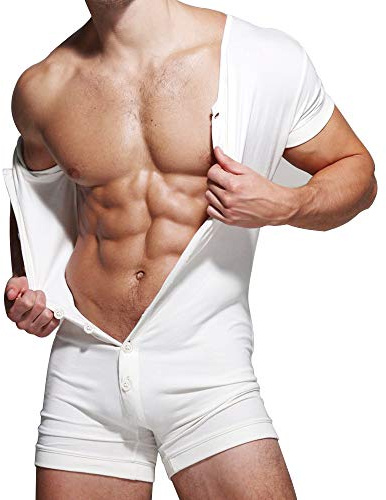 Herren Unterwäsche Kurzarm Strampler Overall Henley Jumpsuit Weiß M