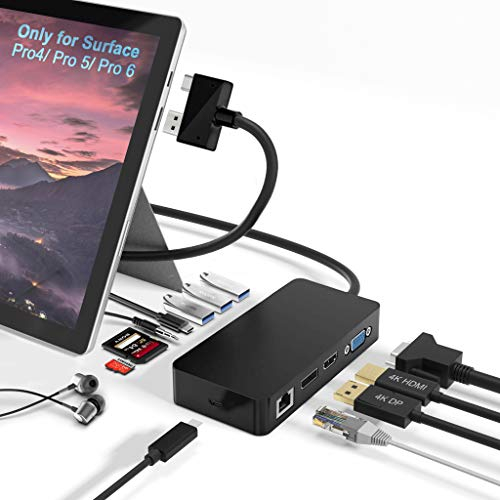 Rytaki Surface Pro Dock für Surface Pro 4 / Pro 5 / Pro 6 USB-Hub-Dockingstation mit Gigabit-Ethernet, 4K-HDMI-VGA-DP-Display-Anschluss, 3xUSB 3.0, Audioausgang, USB C-Anschluss, SD/TF-Kartenleser