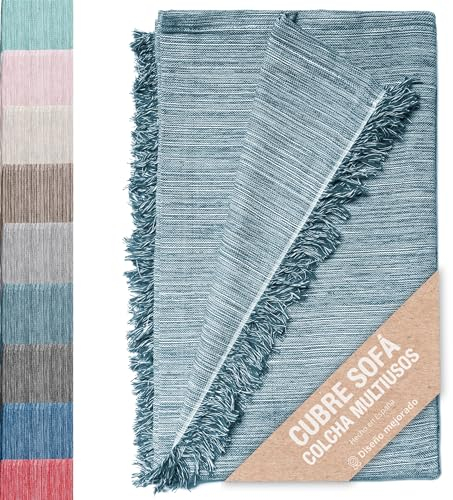 Couvre-lit multi-usages : Plaid Sofa, Plaid Foulard, Couvre-canapé, Foulard pour canapés en coton et autres fibres. Fabriqué en Espagne. Housses de canapé (Vert chiné 07, 180x260cm.)