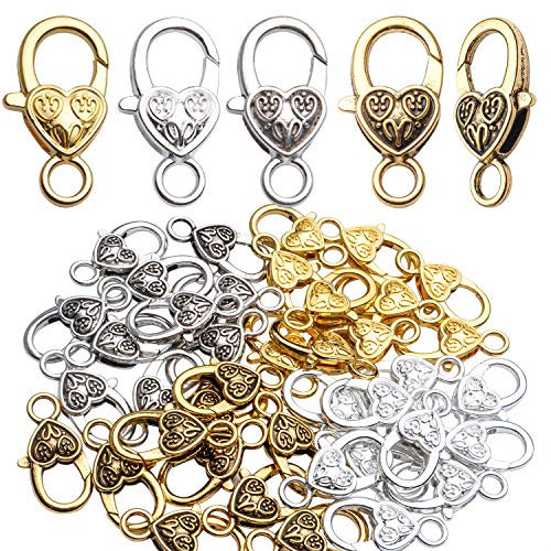 Herz-Karabinerverschlüsse, 40 Stück, tibetische Legierung, Herz-Karabinerhaken, Vintage-Antik-Herz, Karabinerverschluss, Kordelende für Schmuckherstellung, 4 Farben, 26 x 14 mm