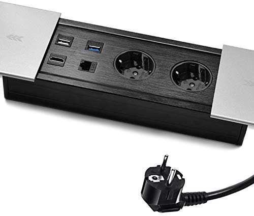 Versenkbare Tischsteckdose mit 2 Schuko, USB 2.0 & USB 3.0, HDMI, Ethernet, Einbausteckdose für Arbeitsplatte, Konferenztisch, Küche, Büro, 230V, 1,5m Kabel, Schiebbare Abdeckung