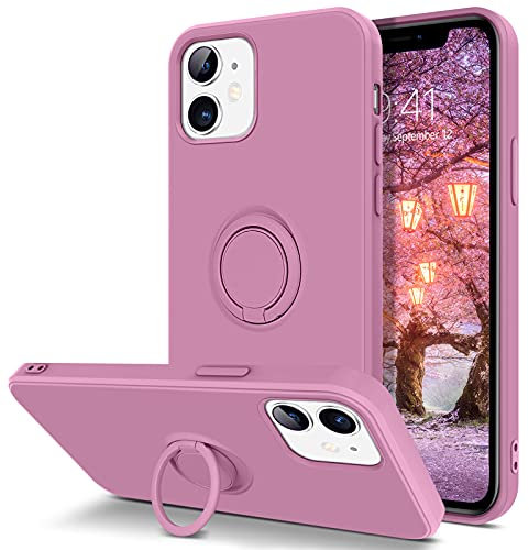 YINLAI iPhone 12/12 Pro Case With Ring Holder, Kickstand, Magnetic Car Mount - Slim Silicone TPU Rubber Shockproof Gel Matte Cover, Lilac Purple