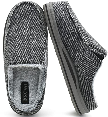 ONCAI Pantoffeln Herren Plüsch Streifen Hausschuhe Komfort Plantarfasziitis Hüttenschuhe Wärme Flauschig Slippers mit Memory Foam Rutschfest Gummisohle Grau Größe 44