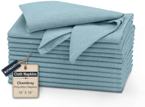 Ruvanti Cloth Napkins Set of 12, 18x18 Inch Napkin Cloth Washable, Soft & Durable, Poly Cotton Dinner Napkins for Parties, Thanksgiving & Weddings - Baby Blue