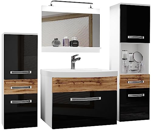 Belini Badmöbel GLA PM 5, Schwarz/Wotan Eiche Glänzend Matt | Vollausstattung mit Waschbecken Unterschrank Waschtisch Spiegel Lampe Möbel