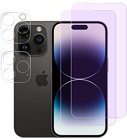 FiiMoo Anti Blue Light Screen Protector Compatible with iPhone 14 Pro, [2+2 pack] [Screen Protector + Camera Lens Protector] [9H Hardness] Eye Protect, Blocks Excessive Harmful Blue Light