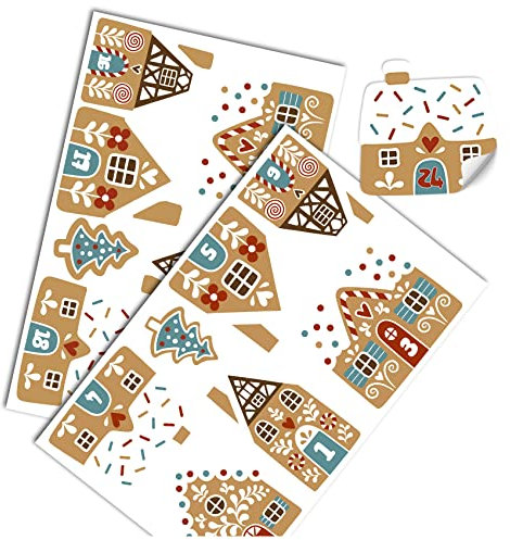 Yabaduu DIY Adventskalender Zahlen zum Aufkleben Nummern 1-24 Selbstklebende Sticker für Weihnachten Weihnachtskalender Selber Basteln Y048 (20 Lebkuchenhäuser Bogen)