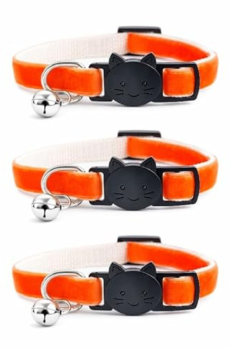 Velvet Cat Collars with Bell. Safe Breakaway Quick Release Buckle. Available in Cat & Kitten Size (Pack of 3) (Kitten Collar (15cm - 23cm), Orange Velvet (Pack of 3))