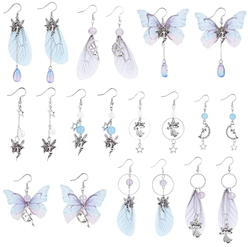 SUNNYCLUE 1 Box DIY 10 Paar Ohrringe Bastelset Schmetterlingsflügel Charms Fee Charm Ohrring Bastelsets Organza Stoff Insekten Schmetterlinge Für Schmuckherstellung Anfänger Kit Tropfen Perlen