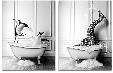 Trayosin Lustige Giraffe Pinguin Wandkunst in Badewanne,Schwarz-Weiß Wandbild Kunstdruck,Rustikale Stil Wandbilder für Wohnzimmer,Badezimmer,Schlafzimmer,Kinder Badezimmer Deko,ohne Rahmen (21x30cm)