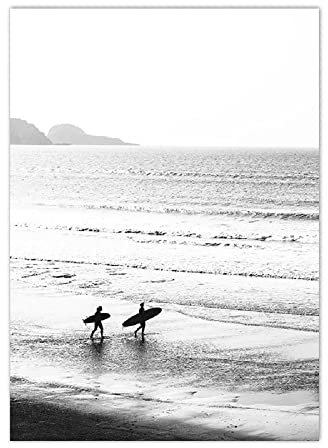 ABCWARRT Moderne Kunst Leinwand Malerei Surfen Kalifornien Schwarz Weiß Ozean Strand Kokosnuss Baum Poster Wohnzimmer Dekoration Bild (40 * 60cm Kein Rahmen,1)