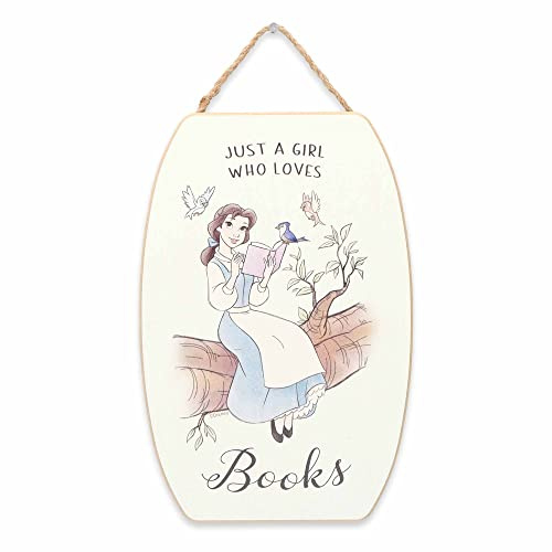 Open Road Brands Disney Beauty and the Beast Just a Girl Who Loves Books Hanging Wood Wall Decor - Cute Belle Decoration for Kids' Bedroom or Reading Nook