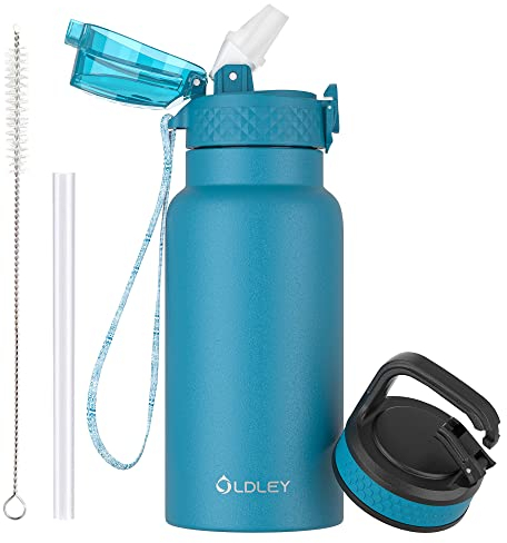 OLDLEY 500ml/17oz Kids Stainless Steel Insulated Water Bottle with Straw Double Wall Metal Vacuum Leakproof Reusable Small Flask with 2 Different Lids Hot Cold Drinks for Boys Girls Toddler Children