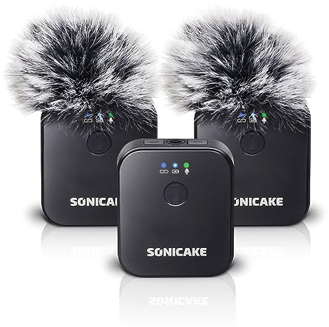 SONICAKE Wireless Lavalier Microphone with 2 Transmitter and 1 Receiver, 164 ft/50M Transmission, Wireless Lavalier Microphone System for iPhone/Android/DSLR Camera,Live Streaming and Video Recording