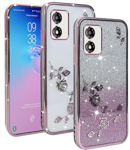 XINYEXIN Transparent Glitter Case for Motorola Moto E13, Women Girls Bling Diamond Phone Case Ultra Thin Slim Portable Shockproof Protective Cover - Rose Gold