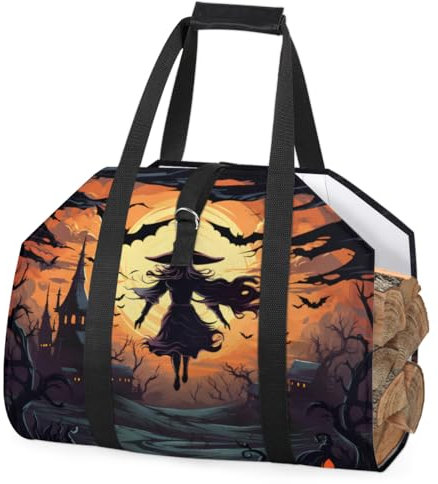 Halloween Fledermaus Hexe fliegt über Grab Brennholz Log Carrier mit Griff, große Kapazität Brennholz Aufbewahrungstasche Holz Tragetasche Kamin Holzofen Zubehör Halter für Camping Kamin BBQ