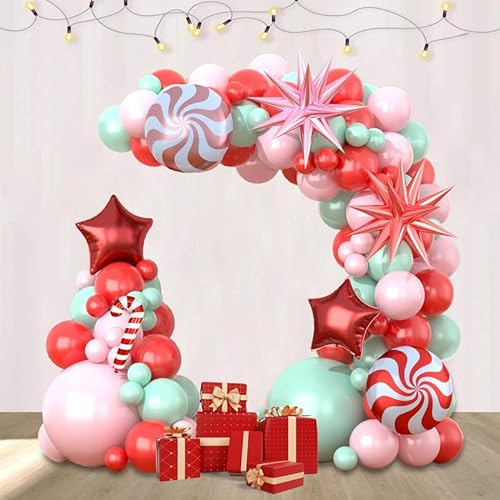 Weihnachten Luftballon Girlande, 101 PCS Rot Maca rosa Maca Grün Weihnachten Deko Luftballons mit Zuckerstangen Starburst Folienballons für Indoor & Outdoor Weihnachtsdekoration Party