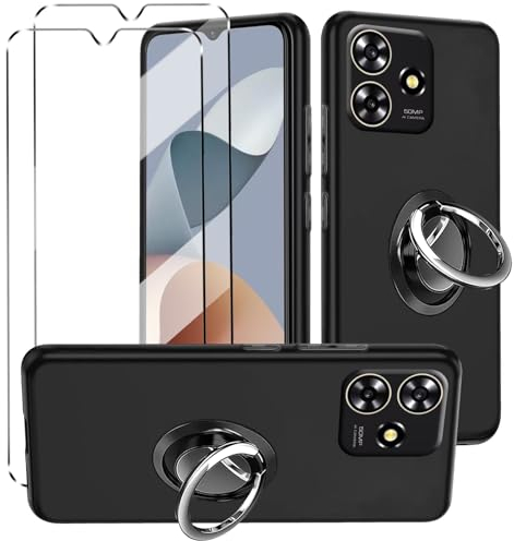HuiYouMY hülle und Glas 2Pcs Compatible with ZTE Blade A73 4G Folie,mit Ring,hülle silikon stoßfest for ZTE Blade A73 4G schutzhülle schutzfolie schutzglas Folie handyhülle Tasche case Black